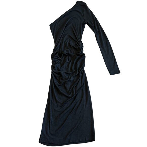Michael Stars Black One Shoulder Dress Long Sleeve Ruched Stretch Size Large - Picture 8 of 13